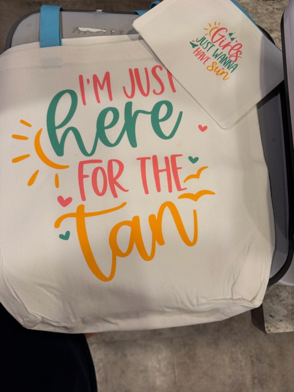 Canvas Tote Bag with Colorful 'I'm Just Here for the Tan' Print - White.